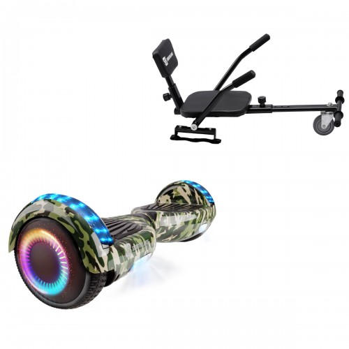 Elektromos Hoverboard csomag Komfortos Üléssel, 6.5 colos, Regular Camouflage PRO, Standard Hatótávolság, Fekete Szivacsos ülés, Smart Balance