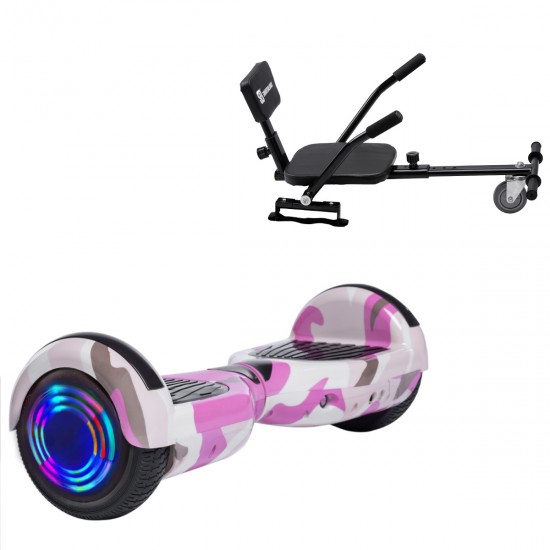 Elektromos Hoverboard csomag Komfortos Üléssel, 6.5 colos, Regular Camouflage Pink Junior, Standard Hatótávolság, Fekete Szivacsos ülés, Smart Balance