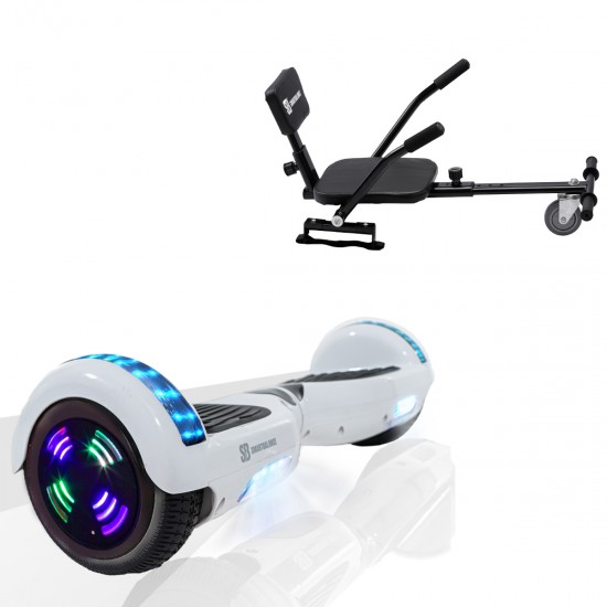 Elektromos Hoverboard csomag Komfortos Üléssel, 6.5 colos, Regular White Pearl Junior, Standard Hatótávolság, Fekete Szivacsos ülés, Smart Balance